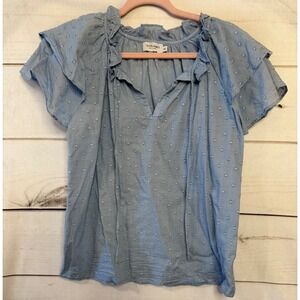 Olivia James The‎ Label Blue Swiss Dot Ruffle Sleeve Cotton Blouse XS